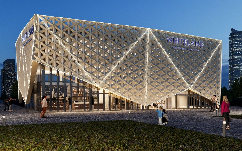 Luminous White Geometric Facade